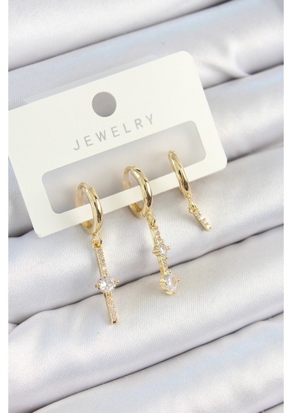 Pirinç Zirkon Taşlı Sallantılı Model Gold Renk 3 Lü Çift Kadın Küpe Set