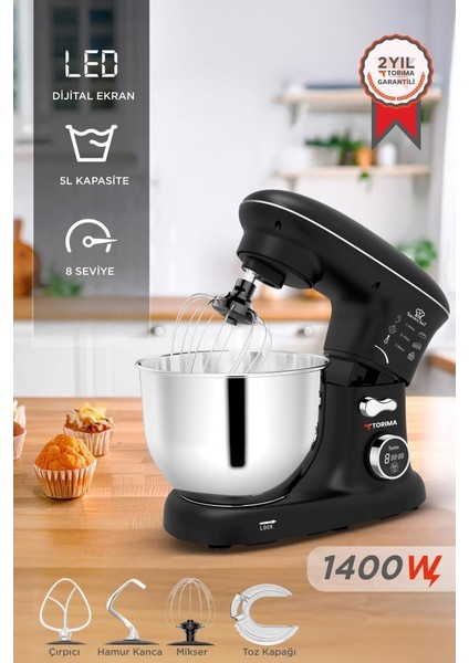 TMK-1400DT Siyah Stand Mikser , Hamur Yoğurma Makinesi , Mutfak Şefi 1400W