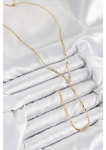 Pirinç Zirkon Taşlı Ezme Zincirli Deniz Yıldızı Model Gold Renk Y Kolye