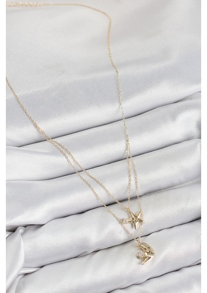 Pirinç Zirkon Taşlı Yıldız ve Ay Model Gold Renk Kadın Kolye