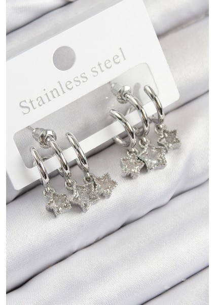 Heyf Pirinç Zirkon Taşlı Sallantılı Yıldız Model Gümüş Renk Kadın Küpe