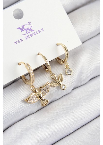 Heyf Pirinç Zirkon Taşlı 3'lü Kuş Model Gold Renk Kadın Küpe