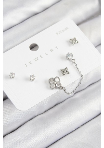Heyf Pirinç Zirkon Taşlı Yonca Model Gümüş Renk 925 Ayar Gümüş Çivi Kadın Küpe Set