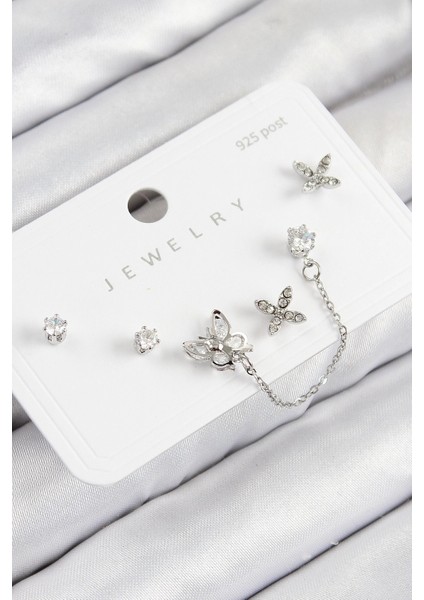 Heyf Pirinç Zirkon Taşlı Kelebek Model Gümüş Renk 925 Ayar Gümüş Çivi Kadın Küpe Set