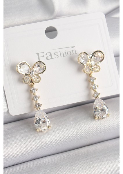 Pirinç Gold Renk Zirkon Taşlı Kelebek Model Sallantı Damla Zirkon Taş Kadın Küpe