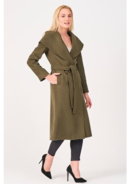 Kadın Kaban Uzun Kol Yün Malzemeden Düz Haki Renk Rahat Kullanım