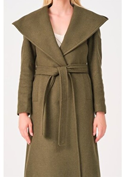 Kadın Kaban Uzun Kol Yün Malzemeden Düz Haki Renk Rahat Kullanım