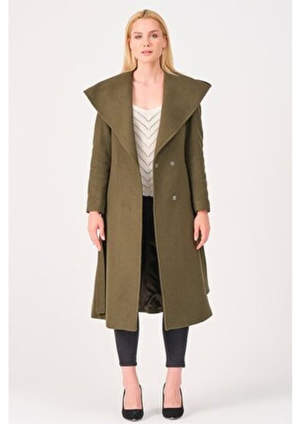 Kadın Kaban Uzun Kol Yün Malzemeden Düz Haki Renk Rahat Kullanım