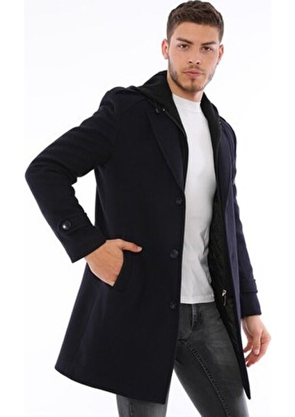 Erkek Palto Yün Malzemeden Düz Lacivert Midi Uzun Kol Tasarım