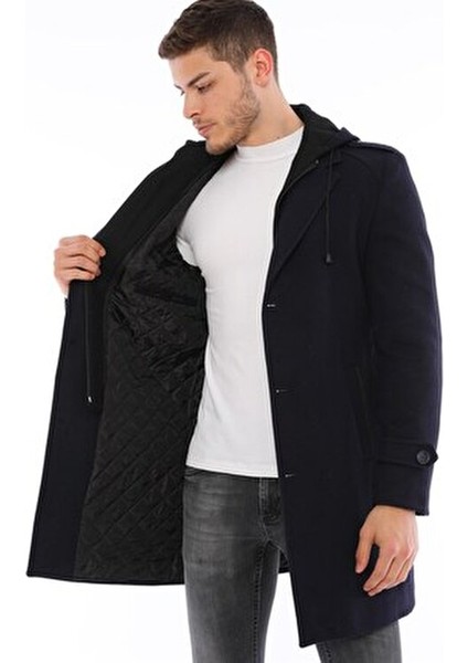 Erkek Palto Yün Malzemeden Düz Lacivert Midi Uzun Kol Tasarım