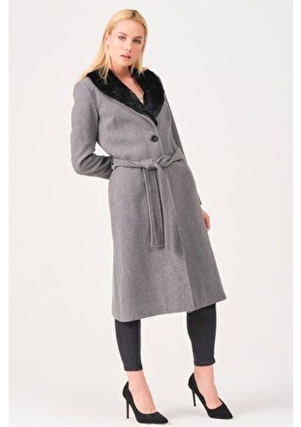 Kadın Palto Yün Karışımlı Şık Tasarım Gri Renkli Günlük Kullanım İçin