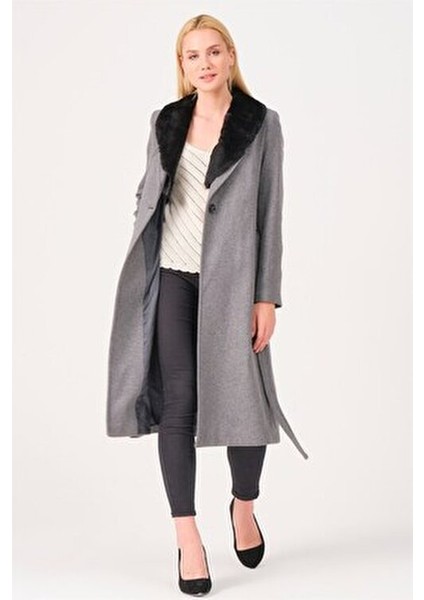 Kadın Palto Yün Karışımlı Şık Tasarım Gri Renkli Günlük Kullanım İçin