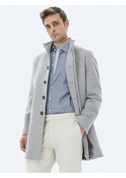 Gri Regular Fit Dik Yaka Klasik Dokuma Palto