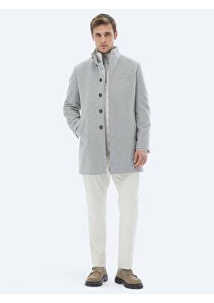 Gri Regular Fit Dik Yaka Klasik Dokuma Palto