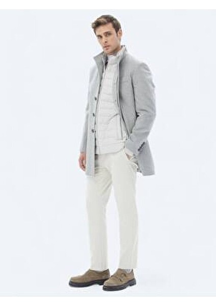 Gri Regular Fit Dik Yaka Klasik Dokuma Palto