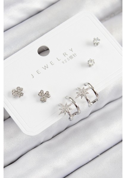 Heyf Pirinç Zirkon Taşlı Kutup Yıldızı Model Gümüş Renk 925 Ayar Gümüş Çivi Kadın Küpe Set