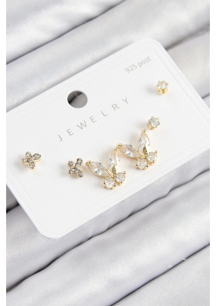 Heyf Pirinç Zirkon Taşlı Kelebek Model Gold Renk 925 Ayar Gümüş Çivi Kadın Küpe Set