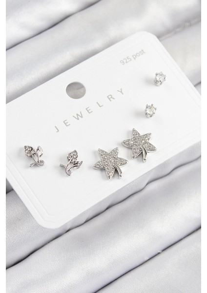 Heyf Pirinç Zirkon Taşlı Yıldız ve Gül Model Gümüş Renk 925 Ayar Gümüş Çivi Kadın Küpe Set