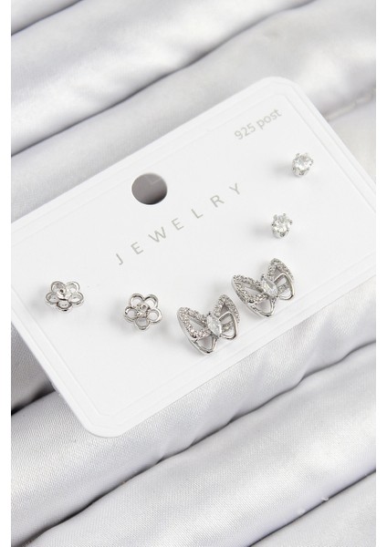 Heyf Pirinç Zirkon Taşlı Kelebek Model Gümüş Renk 925 Ayar Gümüş Çivi Kadın Küpe Set