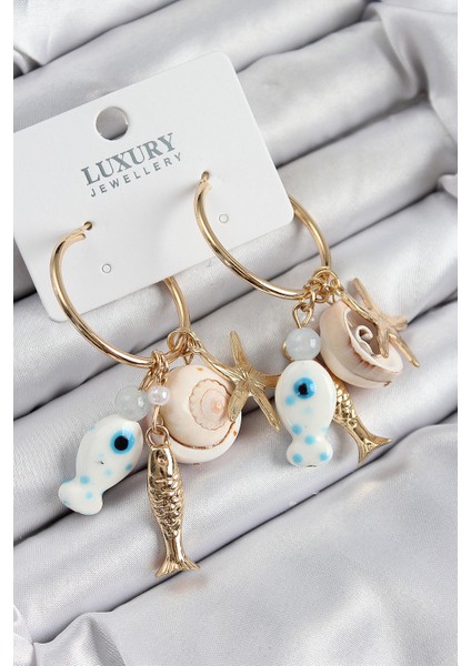 Pirinç Sallantılı Seramik Balık ve Deniz Kabuğu Model Gold Renk Kadın Küpe