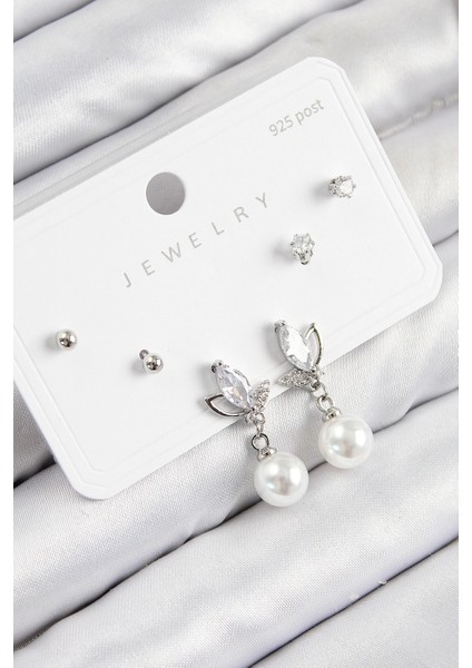 Heyf Pirinç Zirkon Taşlı İnci Sallantılı Damla Model Gümüş Renk 925 Ayar Gümüş Çivi Kadın Küpe Set