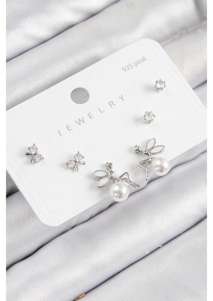 Heyf Pirinç Zirkon Taşlı İnci Melek Model Gümüş Renk 925 Ayar Gümüş Çivi Kadın Küpe Set