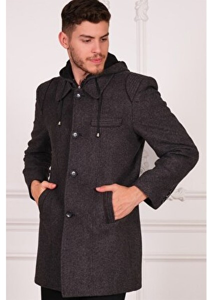 Erkek Palto Midi Boy Siyah-Antrasit %70 Yün %30 Polyester Uzun Kol