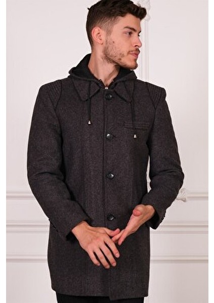 Erkek Palto Midi Boy Siyah-Antrasit %70 Yün %30 Polyester Uzun Kol