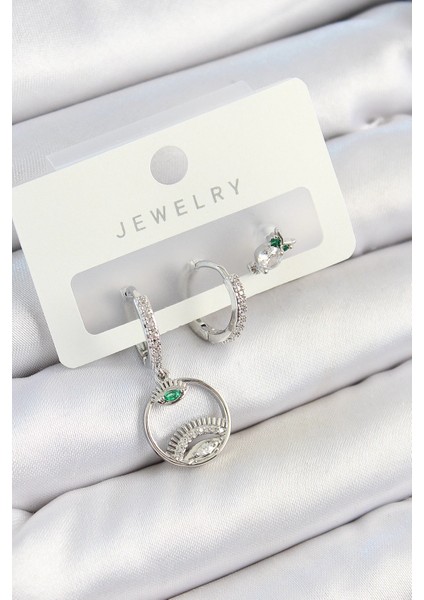 Heyf Pirinç Zirkon Taşlı Göz ve Baykuş Model Gümüş Renk 3'lü Çift Kadın Küpe Set