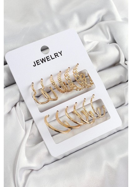 Heyf Pirinç Karışık Halka Model Gold Renk 6 Çift Kadın Küpe Set