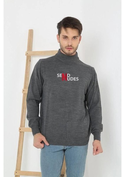 Unisex Yarım Boğazlı Baskılı Dokuma Triko - Füme -Vlmr