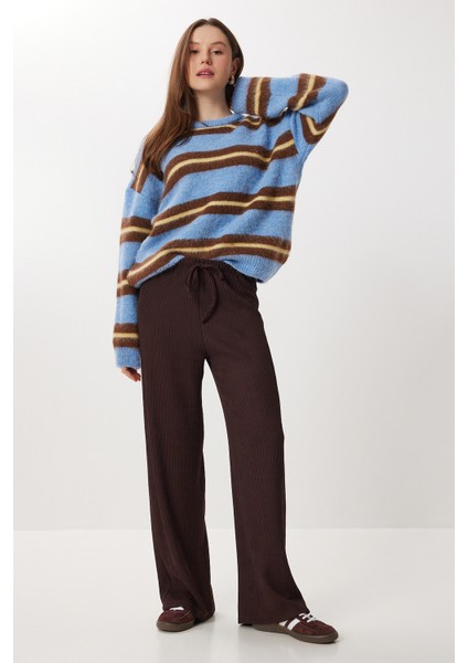 Geniş Paça Krinkıl Örme Pantolon LCI0057 Kahverengi