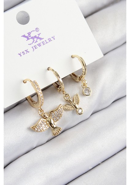 Pirinç Zirkon Taşlı 3'lü Kuş Model Gold Renk Kadın Küpe