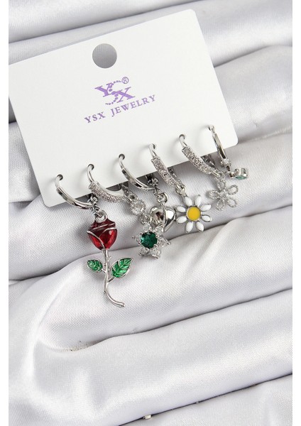 Heyf Pirinç Zirkon Taşlı Gül ve Papatya Model Gümüş Renk 3'lü Çift Kadın Küpe