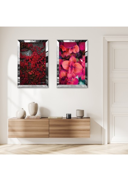 Gümüş Aynalı Pleksi Çerçeveli Soyut Kırmızı Bitkiler Ikili Mdf Tablo Seti