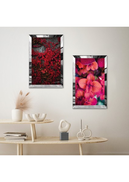 Gümüş Aynalı Pleksi Çerçeveli Soyut Kırmızı Bitkiler Ikili Mdf Tablo Seti fiyatları