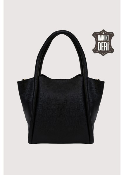 Hakiki Deri Kadın Organizerlı El Çantası Siyah SMR9206-2