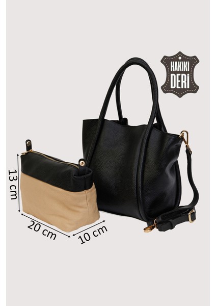 Hakiki Deri Kadın Organizerlı El Çantası Siyah SMR9206-2