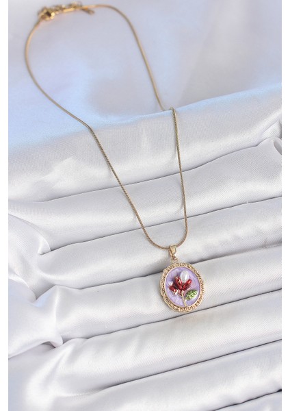 316L Çelik Gold Renk Zincir Mor Mineli Incili Çiçek Işlemeli Portre Model Kadın Kolye