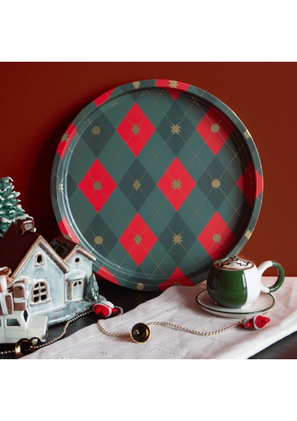 Home Yılbaşı Desenli Dekoratif Metal Tepsi - Baklava Desen