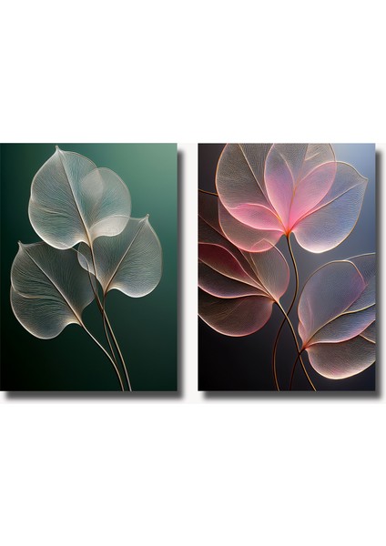 Çerçevesiz Poster 2'li Set, Soyut Minimal Şeffaf Yaprak,çiçek Desenli,modern ,soyut Poster