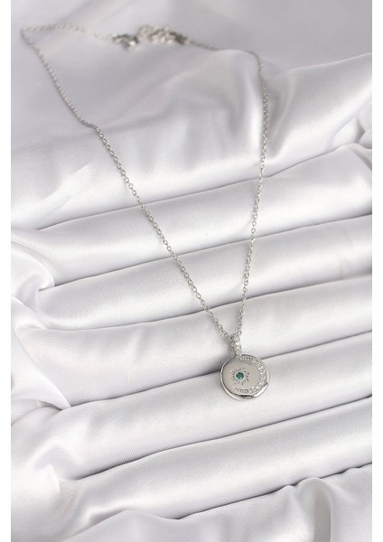 316L Çelik Gümüş Renk Zincir Madalyon Zirkon Taşlı Işlemeli Hilal Yıldız Model Kadın Kolye