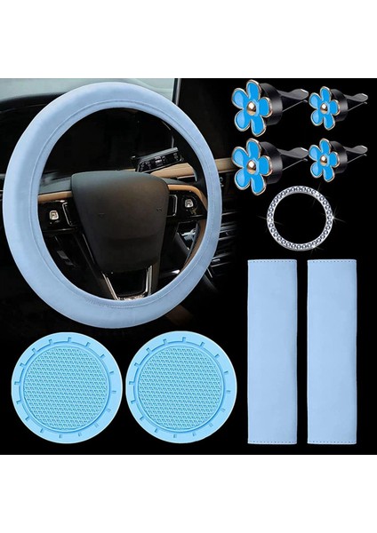 10 Adet Direksiyon Kapağı Kadınlar Için Sevimli Araç Aksesuarları Emniyet Kemeri Omuz Pedleri ile Set Mavi (Yurt Dışından) indirimleri
