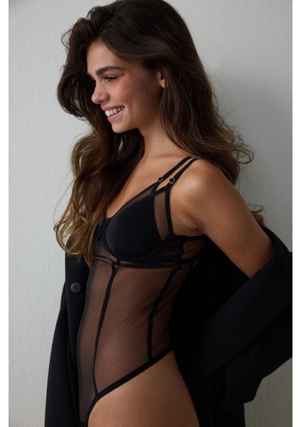 Siyah Ayarlanabilir Askılı Balenli Tül Bodysuit modelleri