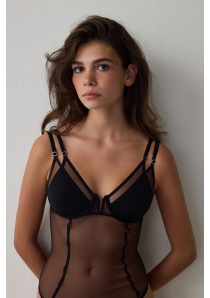 Siyah Ayarlanabilir Askılı Balenli Tül Bodysuit fırsatları