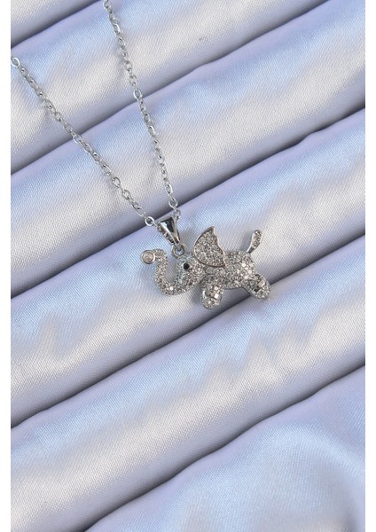 316L Çelik Zincir Gümüş Renk Zirkon Taşlı Fil Kolye fiyatları