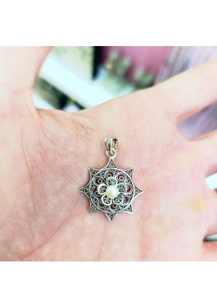 İnci Taşlı Telkari Beypazarı Gümüş Kolye Ucu