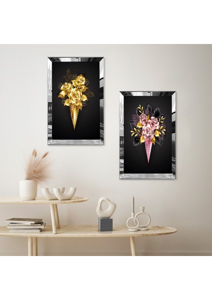 Gümüş Aynalı Pleksi Çerçeveli Siyah Arka Planlı Altın ve Pembe Gül Buketleri İkili Mdf Tablo Seti fiyatları