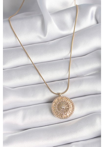 316L Çelik Gold Renk Zirkon Taşlı 12 Burç Madalyon Model Kadın Kolye