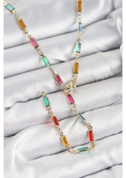 Heyf Pirinç Renkli Zirkon Taşlı Dikdörtgen Model Gold Renk Kadın Y Kolye